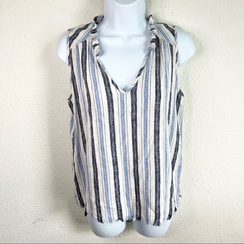 Drew Anthropologie Stella Blue Stripe Ruffle Frayed Hem Linen Blend Tank Top XS